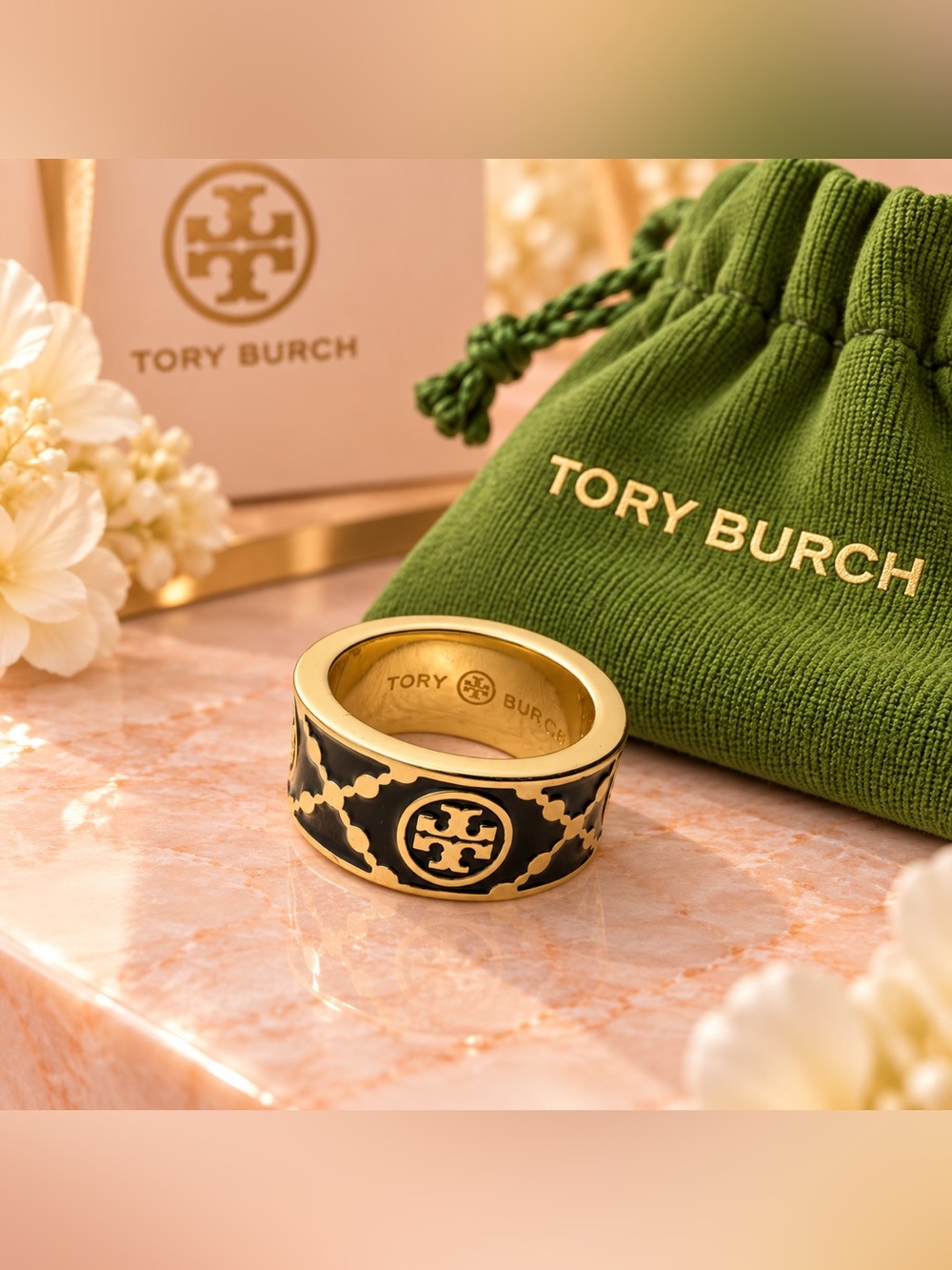 Tory Burch Gold-Tone Black Logo Wide Band Ring